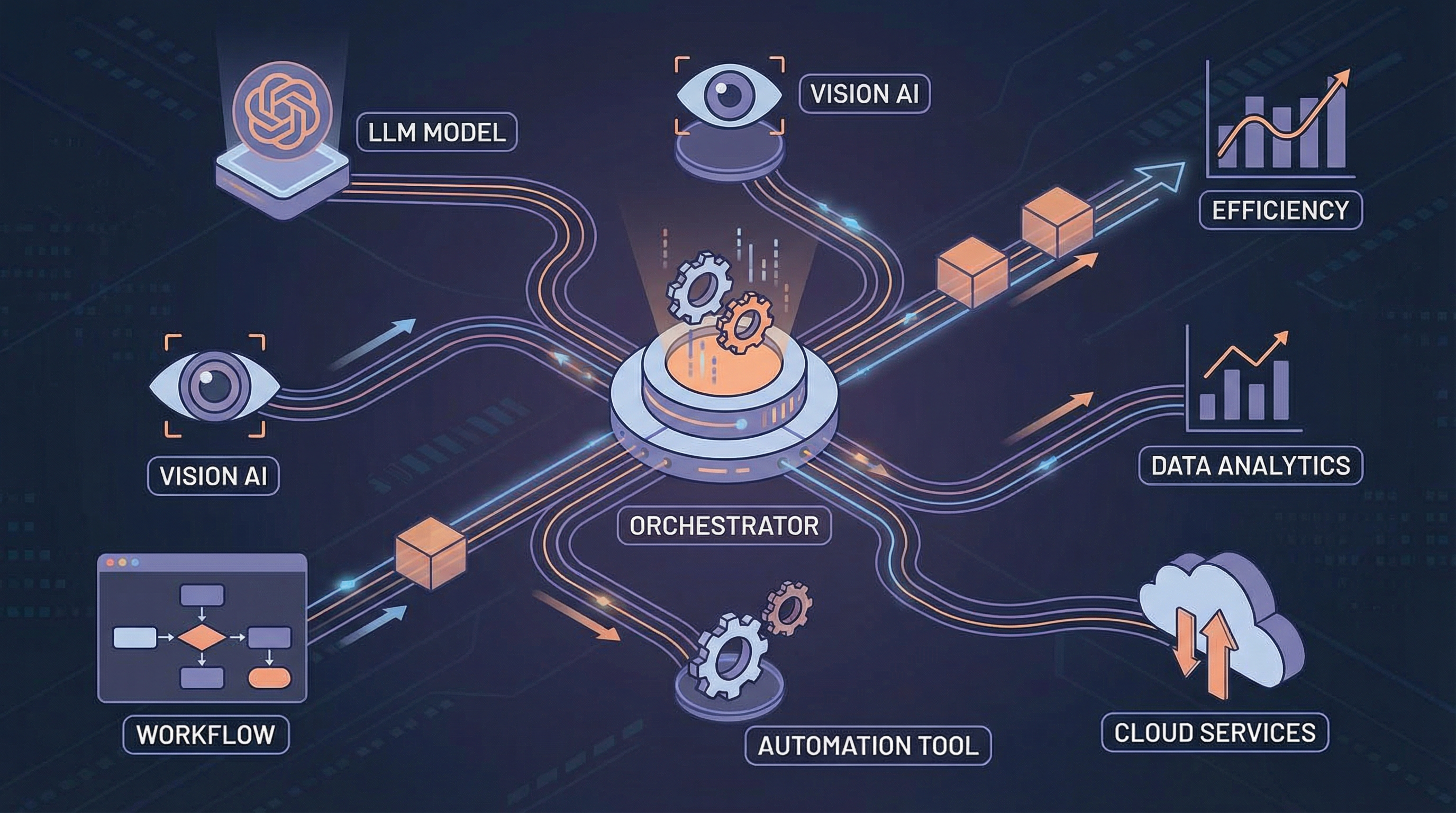 Sistema de orquestación de IA coordinando múltiples modelos